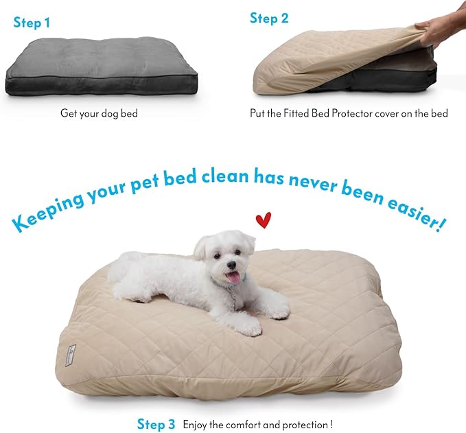 Paw Inspired Waterproof Fitted Cover for Dog Bed | Washable Bed Protector for Dog Mattress | Removable Replacement Cover for Large to XL Pet Bed (Beige, 44 x 35 x 6 Inch)