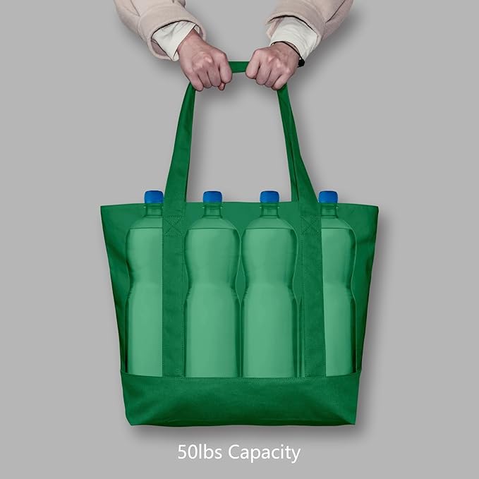 TOPDesign 6-Pack Canvas Tote Bags with an External Pocket, Reusable Grocery Shopping Bags, Top Zipper Closure, Daily Essentials (Green)
