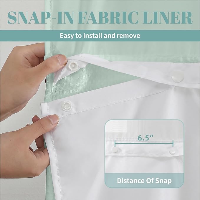 eachope MintGreen No Hook Waffle Weave Shower Curtain with snap-in Liner Replacement, 230GSM Waterproof Fabric Hotel Shower Curtain Set for Bathroom, Through Mesh Top Window,54Wx80H