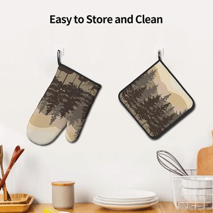 Rustic Bear Deer Oven Mitts and Pot Holders Sets Cabin Forest Animals Kitchen Decor Accessories Multi-use Cooking Camping Oven Gloves for BBQ Cooking Gifts