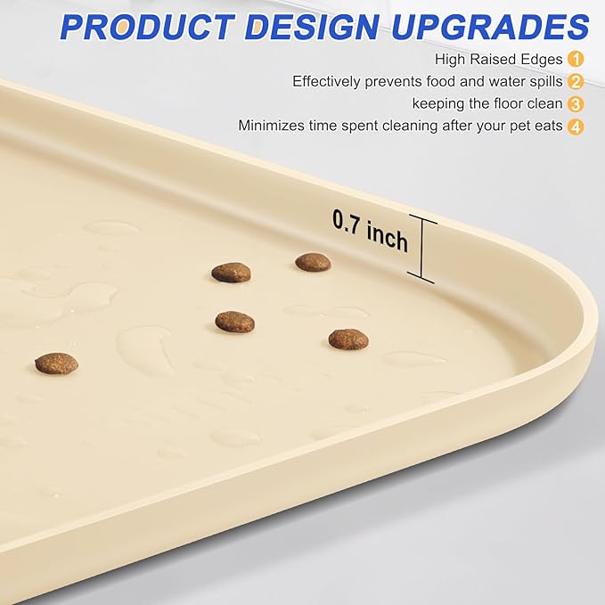 Silicone Pet Feeding Mat with Raised Edge for Food and Water, Dog Bowl Mats, Cat Bowls Placemat with High Lip for Floor Waterproof, Rubber Tray for Cats and Dogs 19 x 12 x 0.7 White Sand (Yellow Cast)