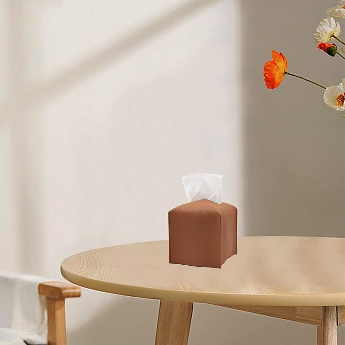 Hapforever 1PC Square Tissue Box Cover, PU Leather Square Tissue Box Holder with Bottom Belt Modern Tissue Box Organizer for Bathroom/Car/Hotel/Office (5.25”x5.25”x5”, Brown)
