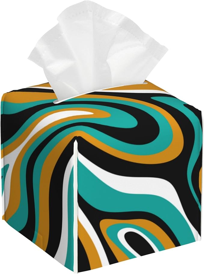 BLYKVGHQ Liquid Stripes Square Tissue Box Cover Brown and Black Abstract Wave Line Tissue Box Holder Facial Cube Paper Dispenser Leather Decorative Organizer Home Office Desk Decor, 5.2"x5.2"x5.2"
