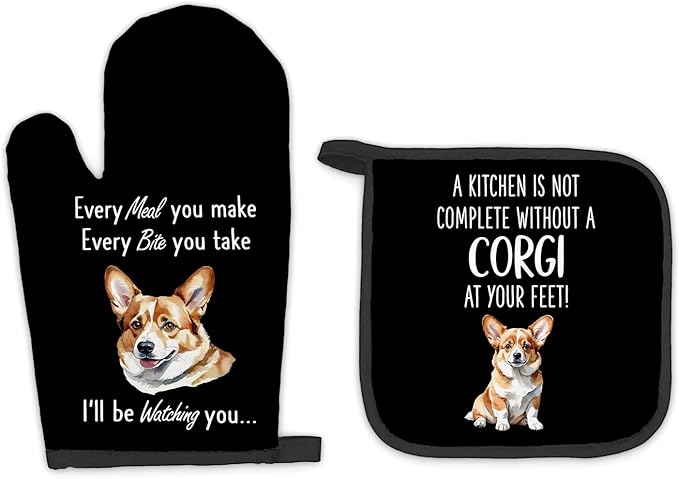 Corgi Gifts Dog Oven Mitts and Pot Holders Sets, Corgi Gifts for Corgi Lovers Kitchen Accessories Sets, Complete Without a Corgi Dog Black Heat Resistant Oven Glove Potholder for Kitchen Baking