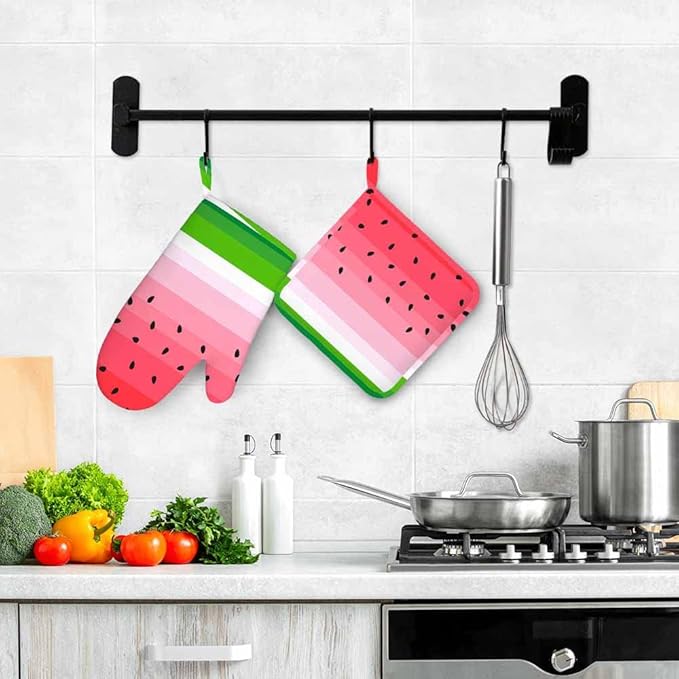 Mxocom Watermelons Oven Mitts and Pot Holders Sets Summer Fruit Watermelon Slice with Black Seeds Red Green Stripes Silicone Heat Resistant Kitchen Oven Gloves Pot Holder for Cooking
