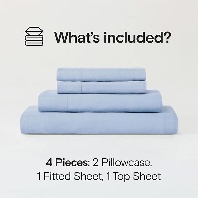 Sijo Stone Washed Organic French Linen Bed Sheet Set, GOTS Certified Organic, Best Cooling Linen Sheet Award by Sleep Foundation, 4 Piece - 2 Pillowcases, 1 Fitted and 1 Flat (Sky, Queen)