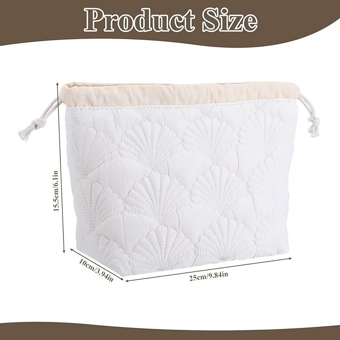 Thinp Quilted Makeup Bag, Cotton Makeup Pouch Coquette Quilted Toiletry Bag Portable Floral Cosmetic Bags Cute Seashell Travel Toiletry Pouch for Women and Girls (White)