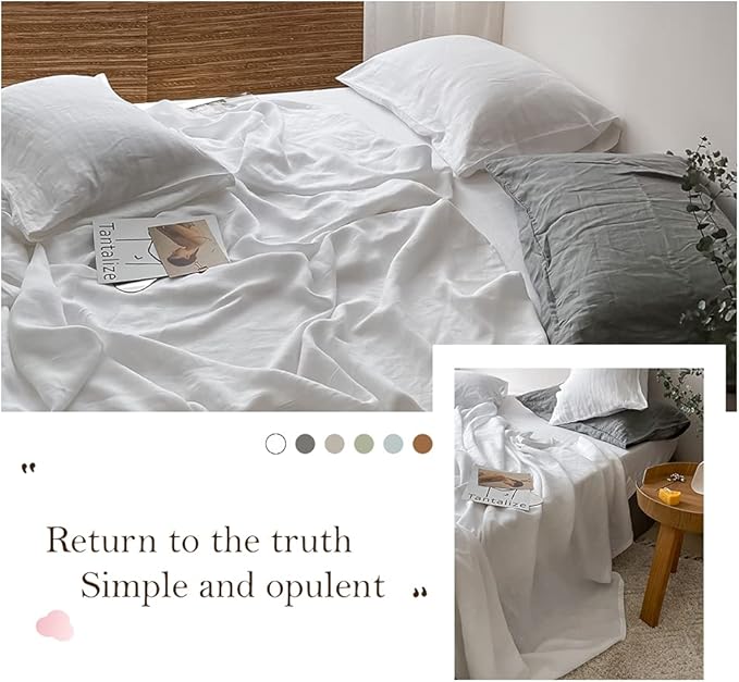 Simple&Opulence Washed Linen Bed Sheet Set Basic Style 4 Pieces (1 Flat Sheet & 1 Fitted Sheet & 2 Pillowcases) 100% Natural French Flax Soft Breathable Farmhouse Bedding (King, White)