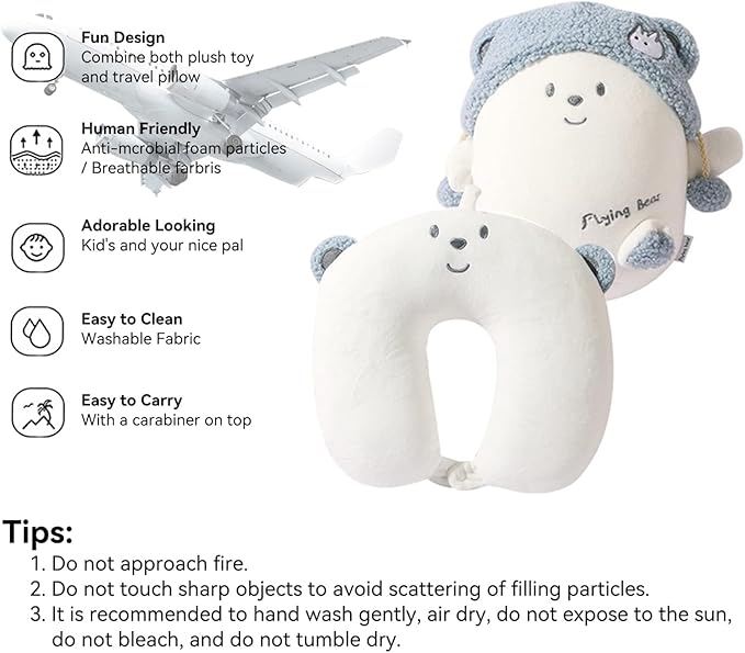 stocaggio Kids Travel Pillow - 2-in-1 Deformable Kids Neck Pillow for Traveling, Soft U-Shaped Pillow with Adorable Animal Design, Comfy Sleep and Play, Ideal for Airplanes and Cars - Blue Bear
