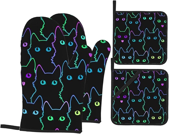 Cute Cat Silhouettes Oven Mitts and Pot Holders 4 Pcs Set Oven Gloves and Potholders for Cooking Microwave BBQ Baking Grilling