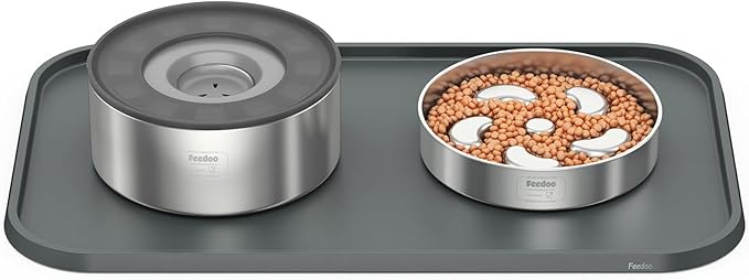 Feedoo Pet Feeding Mat [Warped Resistant Raised Edge], Water-Proof Silicone Placement for Food Water Bowls, Anti-Slip Base Protect Floor, BPA-Free&Dishwasher-Safe [23.5x13.5inch Large, Gray]