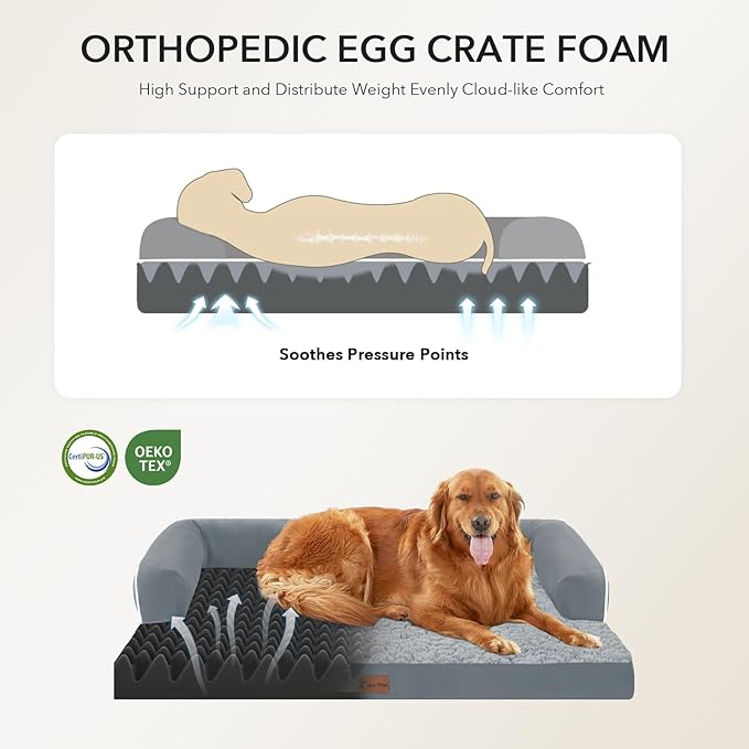 Casa Paw Orthopedic Dog Beds for Extra Large Dogs, Waterproof Egg Crate Foam XL Dog Bed with Sides 48x30Inch, Big Dogs Couch Beds with Removable Washable Cover and Nonskid Bottom, Grey