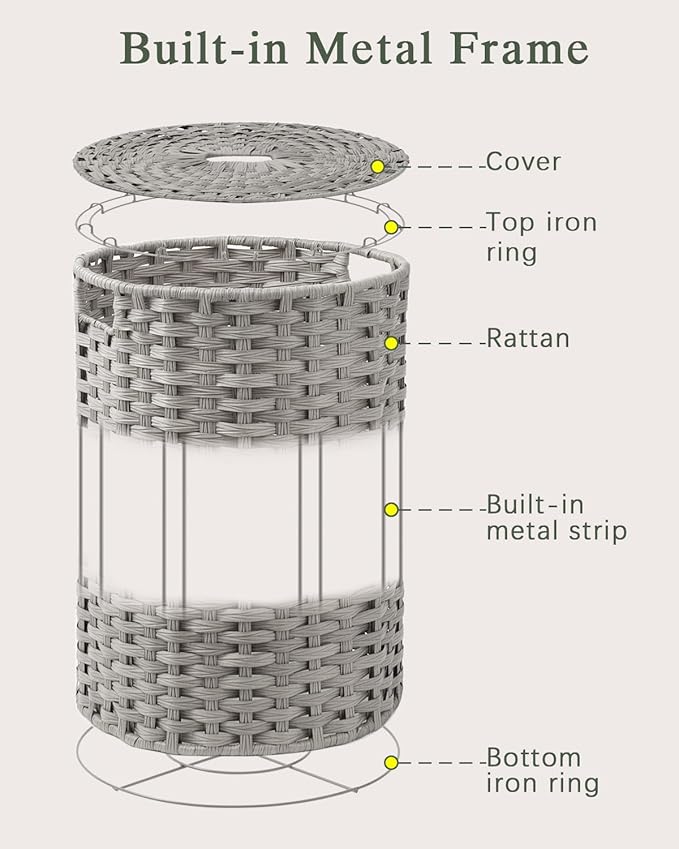 SETVSON Large Laundry Hamper Laundry Basket Round 34.3 Gal (130 L) Handwoven Wicker Laundry Baskets Rattan Laundry Basket with Laundry Bag Handles 2 Mesh Bags for Living Room Bedroom Gray
