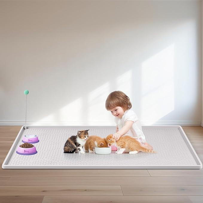 Bartuke Cat Food Mat with Toy Ball, 38'' x 25'' Extra Large Silicone Pet Feeding Mat with Raised Edge Pet Placemat for Food and Water Bowl Non-Slip, Easy to Clean, Floor Protection (White)