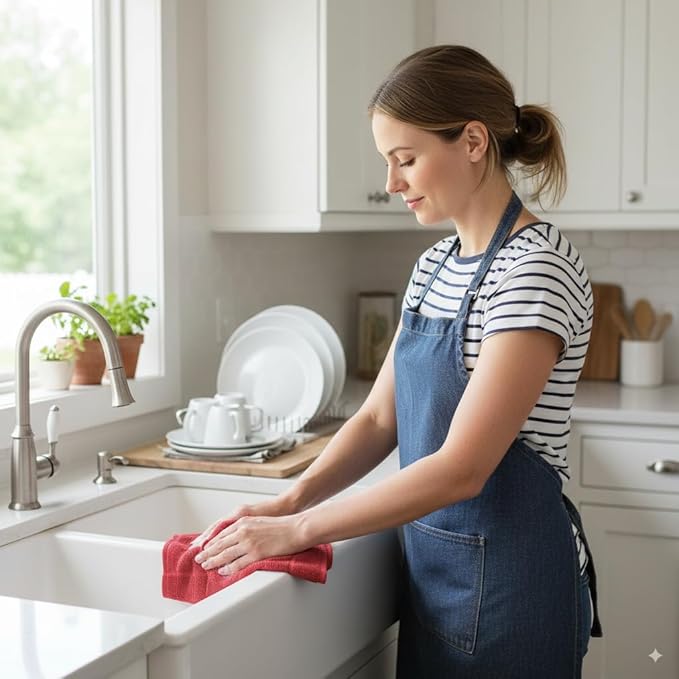 Mellow Buff 100% Cotton Terry Dish Cloth & Dish Towel, 6 Pack, Super Soft and Absorbent Kitchen Towels, Perfect for Kitchen Cleaning and Dish Washing (RED (Solid and Checks) 8 Pack)