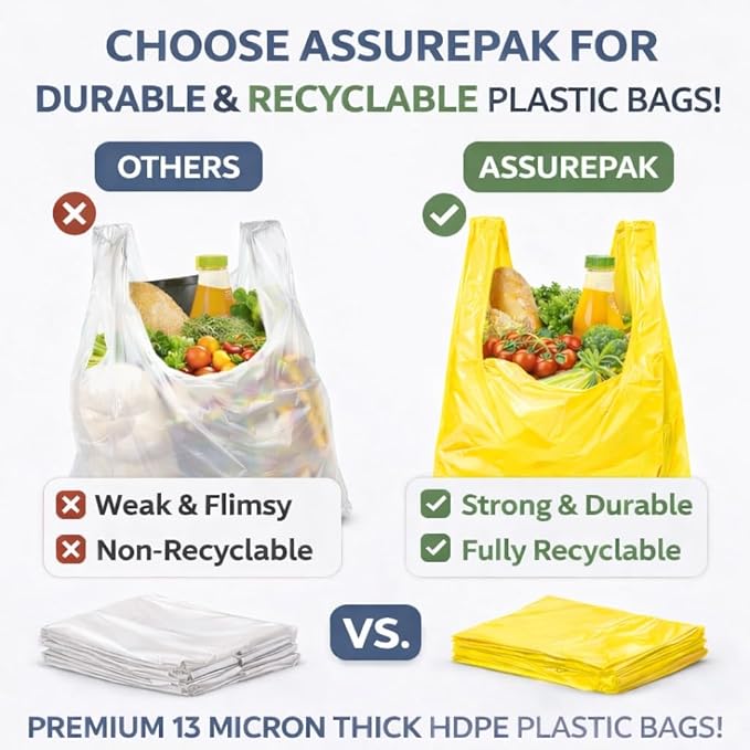 ASSUREPAK Colored Unprinted HDPE T-Shirt Bags - 200 Bags - 1/6 BBL 11.5"X6"X21" - 200 Units - 13 microns - Yellow - Perfect for Groceries, Shopping, Boutique Bags and Retail Stores LOOP-YELLOW