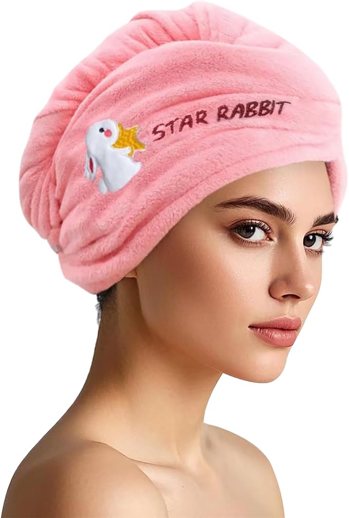 AGKXHDEC 1 Pack Double Layer Microfiber Hair Towel, Hair Turbans for Wet Hair，Pink with Rabbit