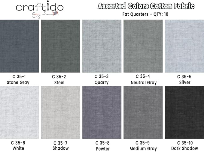 Craftido - 11 Options Solids with Tweed Tonals - Assorted Color Cotton Quilting Fabric Bundles 10pcs Fat Quarters 18"x21" - Medium Weight 5.2oz - for Quilting, Sewing and Crafts - Monochrome