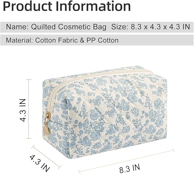 Gleyemor 2 Pieces Quilted Makeup Bag, Cute Floral Cosmetic Bag for Women, Cotton Make Up Bag Set, Flower Travel Toiletry Bag Tote Bag Organizer (Blue Floral+ Pink Rose)
