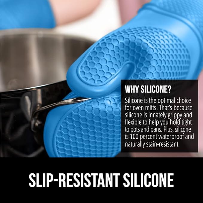 GORILLA GRIP BPA-Free Soft Silicone Oven Mitts, Heat Resistant and Waterproof Cooking Gloves, Thick Cotton Lining, Flexible Gripping for Baking Grilling, Kitchen Potholders Set of 2, 12.5x8.3, Aqua