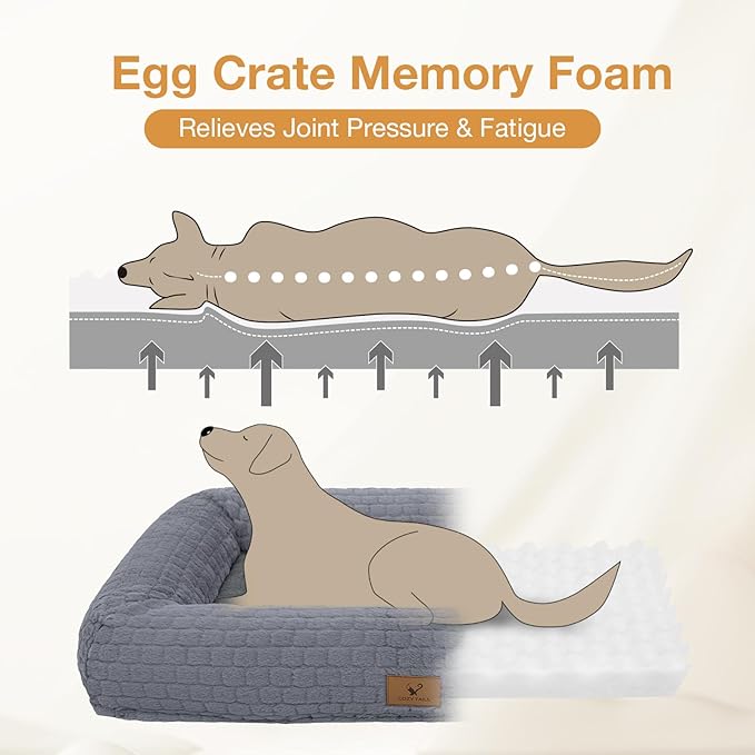 Plush Orthopedic Dog Bed for Medium Large Dogs, Memory Foam Bolster Sofa Bed with Removable Washable Cover, Waterproof Lining & Non-Slip Bottom (Grey-M)