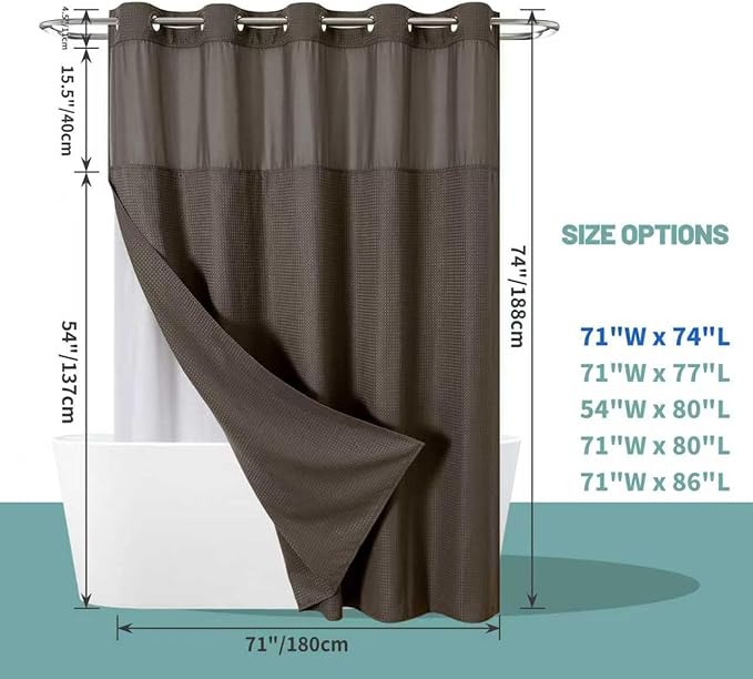 eachope Brown No Hook Waffle Weave Shower Curtain with snap-in Liner Replacement, 230GSM Waterproof Fabric Hotel Shower Curtain Set for Bathroom, Through Mesh Top Window,71Wx74H