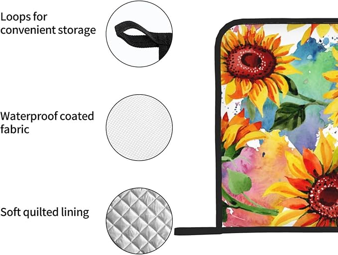 Colorful Sunflower Pot Holders Set of 2 Heat Resistant & Non Slip Potholders, Watercolor Art Style Fire Oven Hot Pads for Kitchen Cooking Baking Barbecue