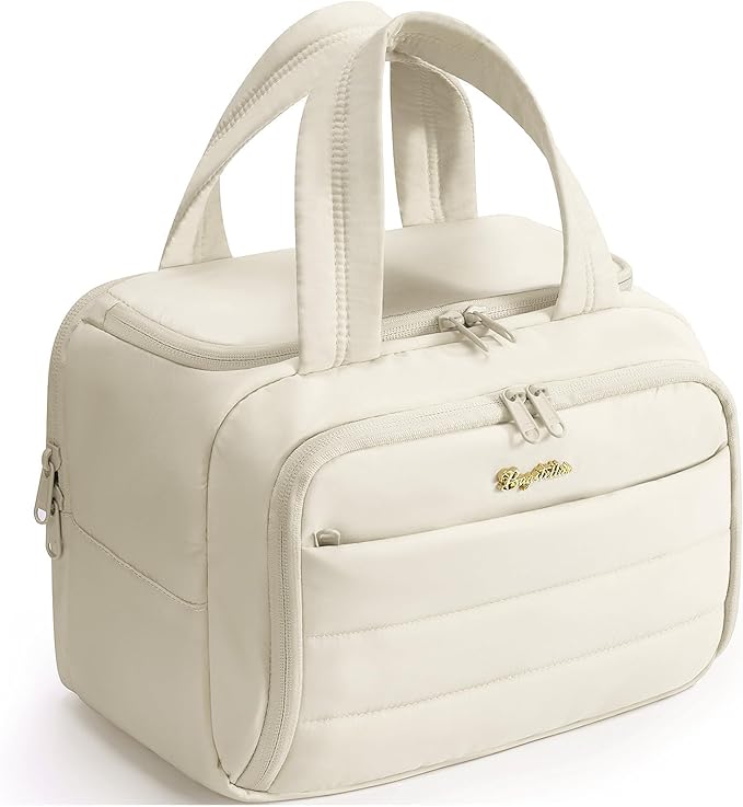 Bagstellar Travel Toiletry Bag, Lightweight Wide-open Large Puffy Toiletry Bag for Women, Quilted Makeup Bag Organizer Water-resistant Cosmetic Bag with Handle for Toiletries, Essentials, Accessories