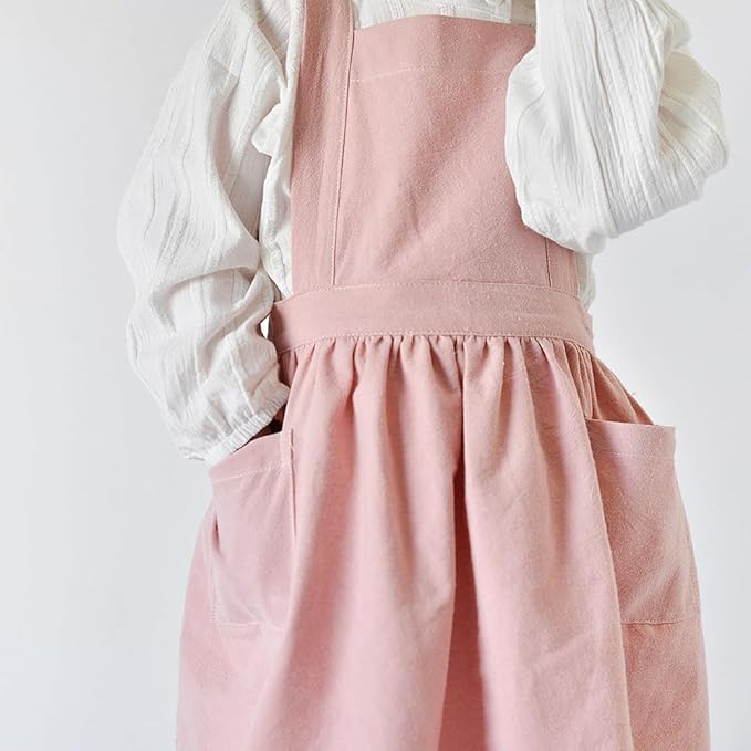 IWEMEK Kids Aprons for Girls Cooking Child Cotton Linen Apron Dress with Pockets Art Baking Gardening Painting Apron Pinafore