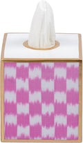 Jaye’s Studio Ikat Checkered Tissue Box Cover Gold Trim, Pink & White Tissue Box Cover Square, Facial Tissue Holder, Enamel Tissue Box Holder for Bathroom Vanity, Bedroom, Office, Checkered Home Decor