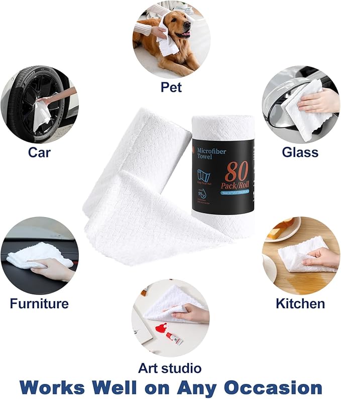 Tigona 80 Pack Microfiber Cleaning Cloth Roll Reusable Paper Towels 12"x12" Tear Away Cloth,Absorbent Dish Rags for House Kitchen,Wash Cloths,Lint Free Rags for Window Cars Cleaning Supplies