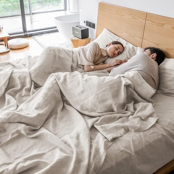 Simple&Opulence Washed Linen Bed Sheet Set Basic Style 4 Pieces (1 Flat Sheet & 1 Fitted Sheet & 2 Pillowcases) 100% Natural French Flax Soft Breathable Farmhouse Bedding (Queen, Linen)