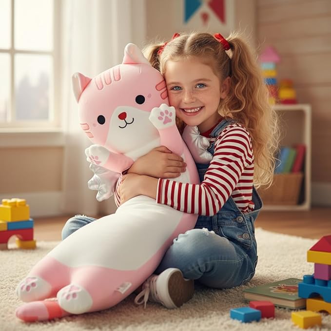 Long Cat Plush Pillow, Cute Cat Stuffed Animal Body Pillow with Wings, Soft Kawaii Kitty Hugging Pillow, Christmas Valentine's Birthday Gift for Kids Girls Boys (Pink, 110cm/43.31in)