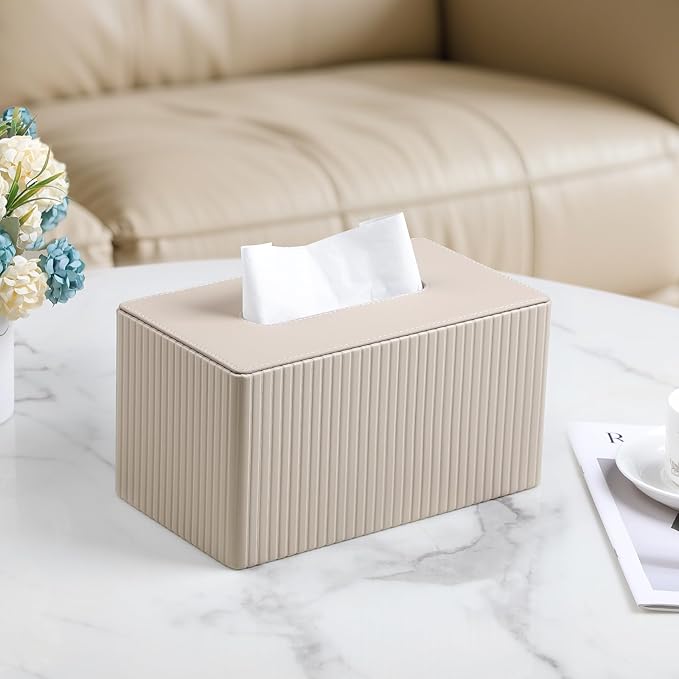 MEIBOOCH Extra Large Tissue Box Cover for Standard Size 180 to 230 Count Box of Tissues, PU Leather Rectangle Tissue Holder with Magnetic Closure (Beige)