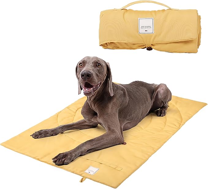 Travel Dog Bed | Camping Dog Bed | 37.4"x25.6" Waterproof Outdoor Dog Mat | Portable Place Mat for Dogs with Handle | Machine Washable | Easy Clean for Outdoor Adventures (Yellow)