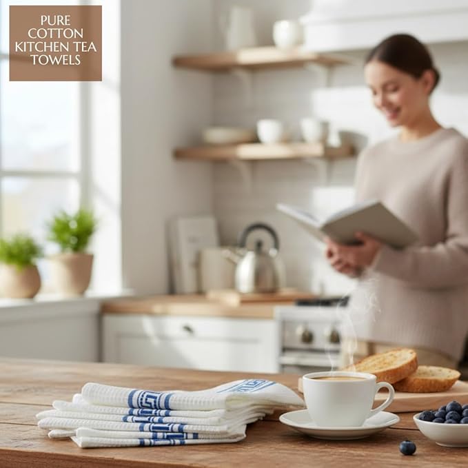 Attica Tracery Pure Cotton Kitchen Tea Towels – White Waffle Towels | Super Absorbent Kitchen Napkins | Reusable Cloths for Dishes, Counters & More - (60x38 cm, Set of 5) (White with Blue Border)