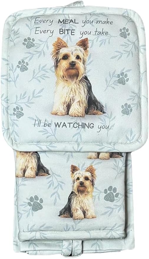 Yorkie 3-Piece Kitchen Set - Oven Mitt, Pot Holder & Kitchen Towel Set, Heat Resistant up to 420 F, Soft Quilted Cotton for Cooking, Baking, BBQ, Pet Lover Gifts (Yorkie)