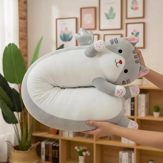 Long Cat Plush Pillow, Cute Cat Stuffed Animal Body Pillow with Wings, Soft Kawaii Kitty Hugging Pillow, Christmas Valentine's Birthday Gift for Kids Girls Boys (Gray, 90cm/35.43in)
