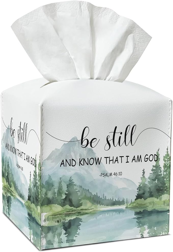 Christian Tissue Box Covers Square - Be Still and Know That I Am God, Leather Tissue Box Holders Decorative for Car Nightstand Home Office Organizer, Square Facial Paper Organizer Home Decor -025