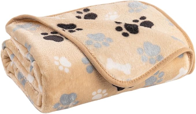 AIWEK Dog Blanket Paw Bone Pattern 1 Pack 1 Super Soft Warm Flannel Sofa Cover Car Bed Protector, Urine Proof Washable Outdoor Pet Blanket for Puppy Large Dogs & Cats,80"*60" Beige