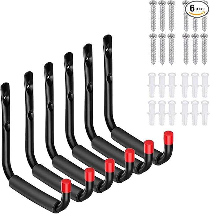 CRXCRC 6 Pack Garage Hooks Heavy Duty, Utility Steel Hooks with EVA Foam Padding, 7.08inch Wall Mount J Organizer Hanger for Hanging Bikes Kayak Garden Tool Hose Bike Shelf