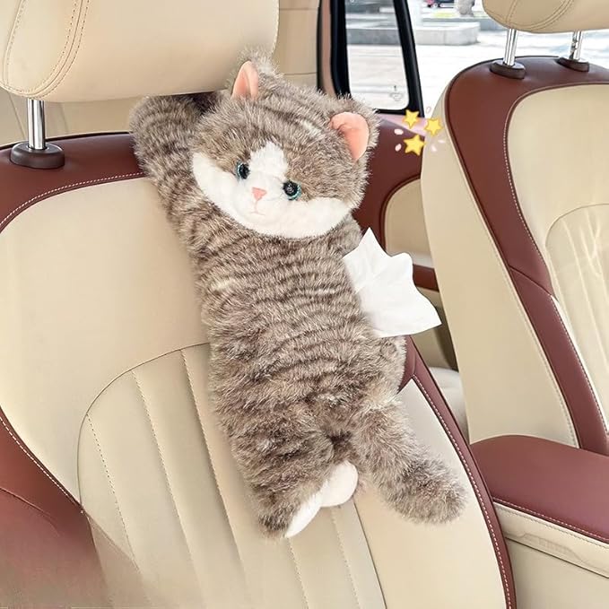 WASTROYAL Cute Cat Car Tissue Box Cover with Plush Doll, Hanging Vehicle Interior Organizer, Adorable Auto Decoration & Practical Accessory (Grey)