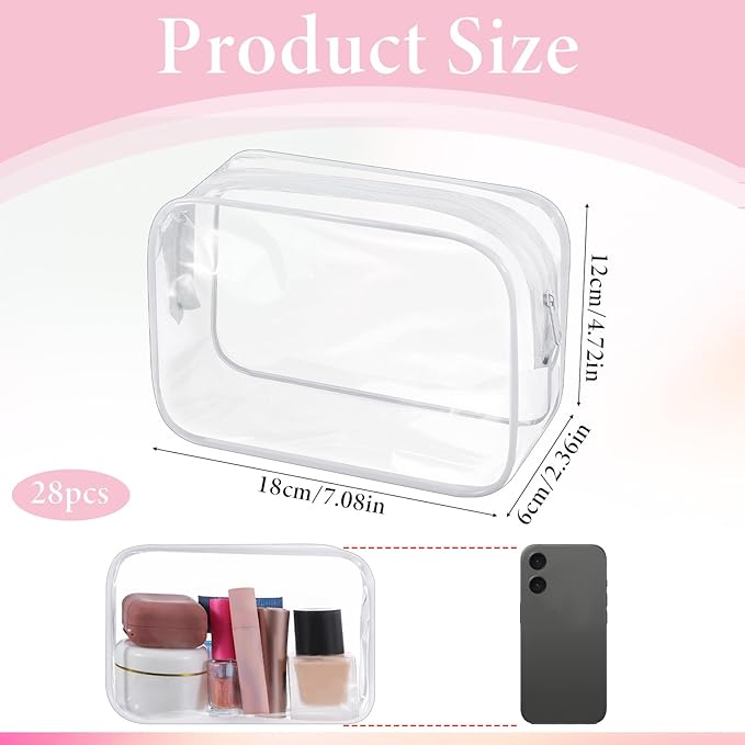 28 Pack Clear Cosmetic Bags Makeup Bags Bulk, Portable Waterproof Travel Toiletry Bag Organizer Plastic Toiletry Carry Pouch with Zipper, for Travel Women Men Bathroom Organizing, 7.1"x 4.7"x 2.4"