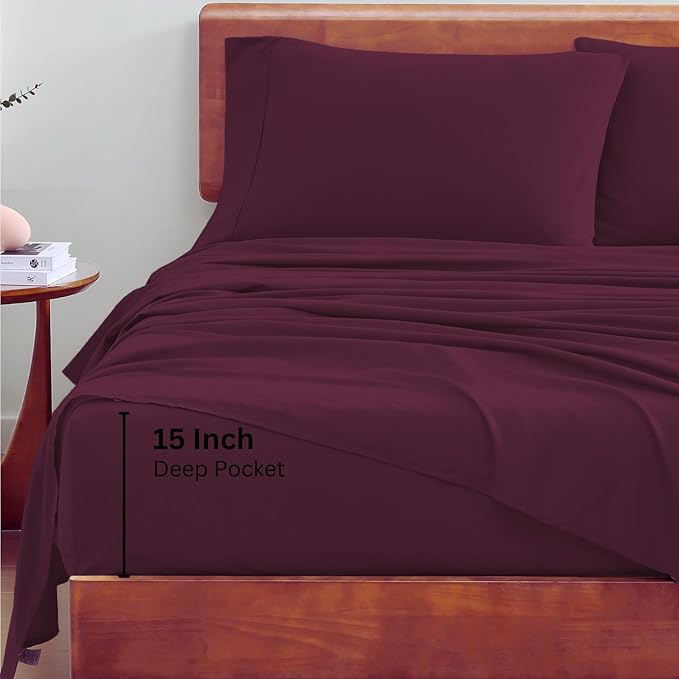 LANE LINEN 100% Organic Cotton Eco Friendly Sustainably Produced Twin XL Sheet Set, Mercerized Soft & Comfy Extra Long Twin Bedding Set, Naturally Cooling Cotton Sheets- Windsor Wine