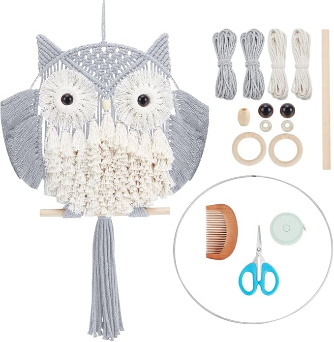 FREEBLOSS Macrame Owl Kit for Beginners Macrame Owl Wall Hanging Light Grey DIY Macrame Kit with Video Tutorial Macrame Hanging Decor for Adults Gift