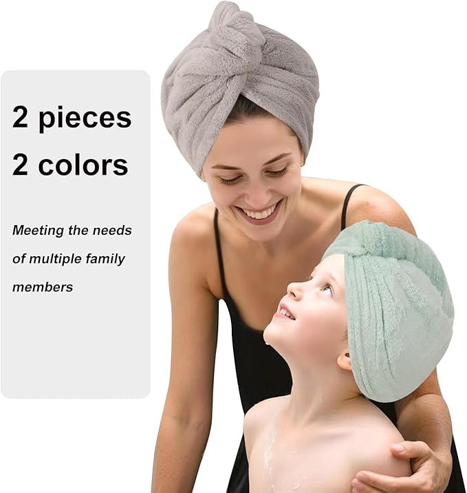AGKXHDEC 2 Packs Single Layer Microfiber Hair Turbans - Drying Wrap for Women (Gray,Light Green)