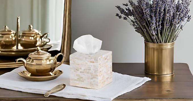 PEMAR Handcrafted Wooden Tissue Box Cover for Small Cube Tissue Boxes Only (Max Inner Size 4.7”) – Mother of Pearl Inlay Decorative Tissue Holder for Bathroom, Living Room & Office (Milano)