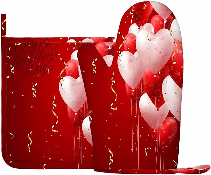 Mxocom Red Hearts Balloons Oven Mitts and Pot Holders Sets Valentine's Day Love Backdrop Silicone Heat Resistant Kitchen Oven Gloves Pot Holder for Cooking