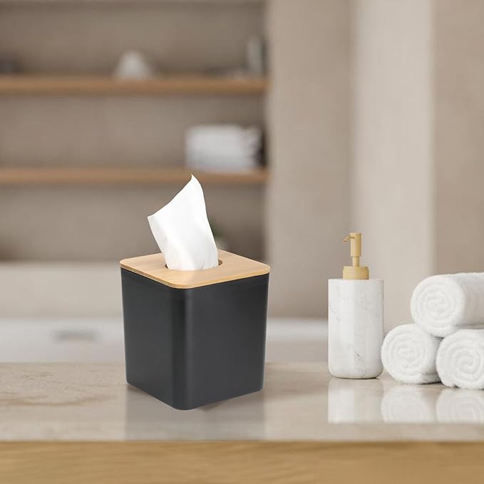 MOCHTERO Modern Tissue Box Cover with Bamboo Lid, Black Square Tissue Holder,for Home and Office