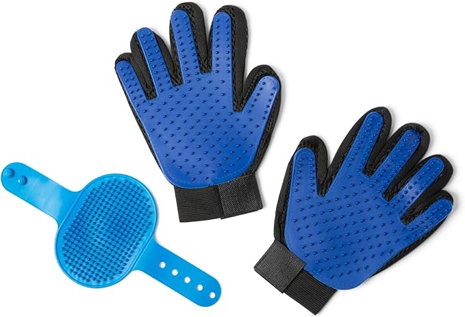 HappiTails Pet Grooming Glove & Dog Bath Brush Set – Deshedding Gloves for Cats & Dogs + Silicone Scrubber – Grooming Mitts for Bath, Shedding & Massage – Blue